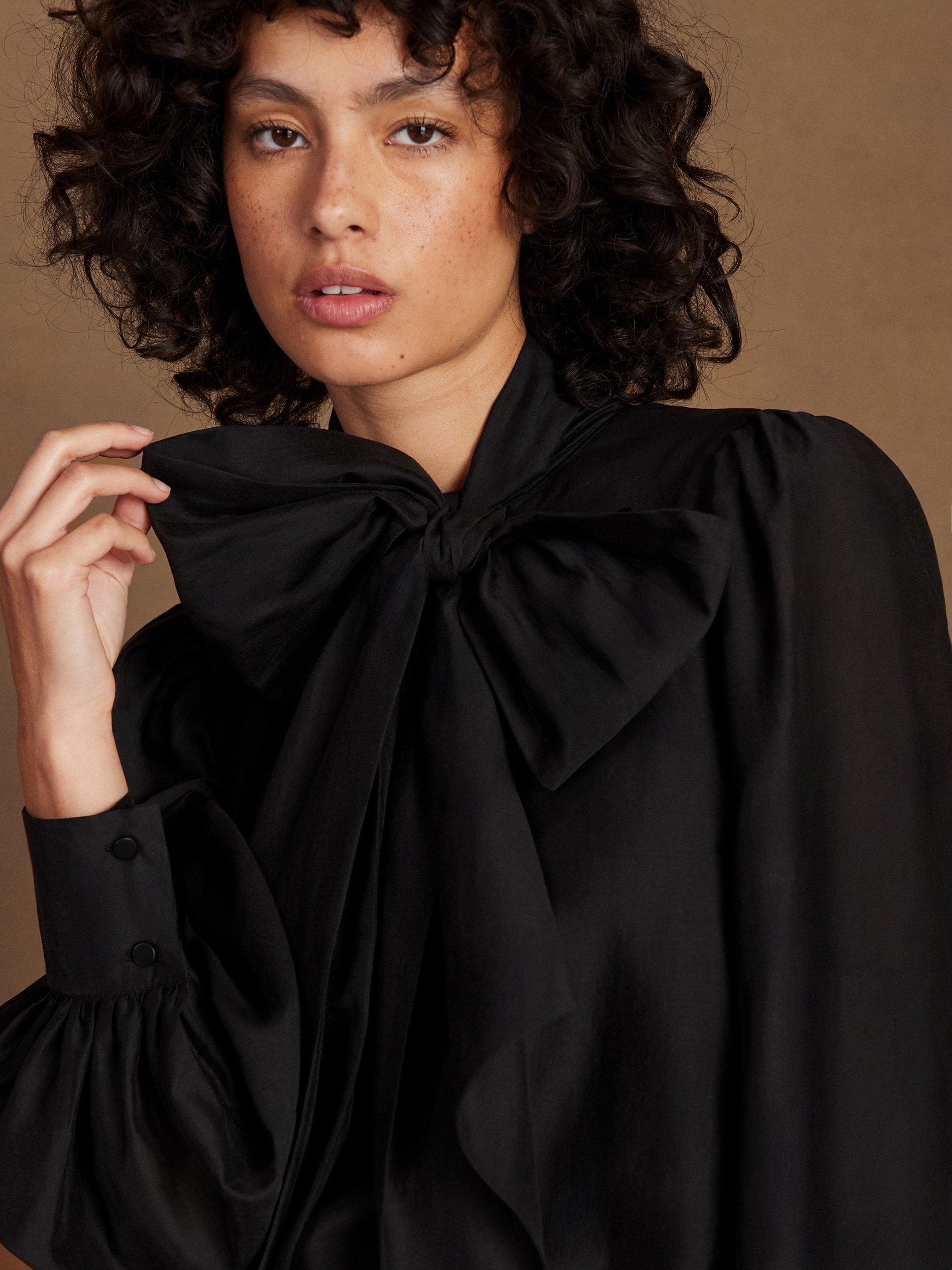 Product image 4 of 5, which shows Ro&Zo Tie Neck Bow Detail Blouse , Black, 6