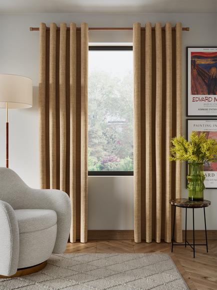 John Lewis Textured Weave Pair Blackout Lined Eyelet Curtains, Caramel