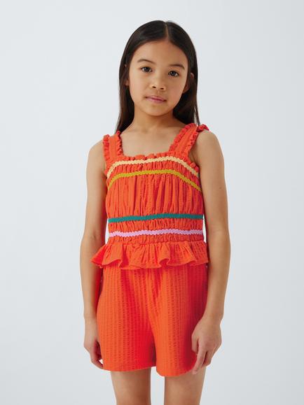 John Lewis Kids' Ric Rac Trim Seersucker Playsuit, Coral, Coral