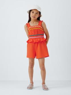 John Lewis Kids' Ric Rac Trim Seersucker Playsuit, Coral - view 2, Coral