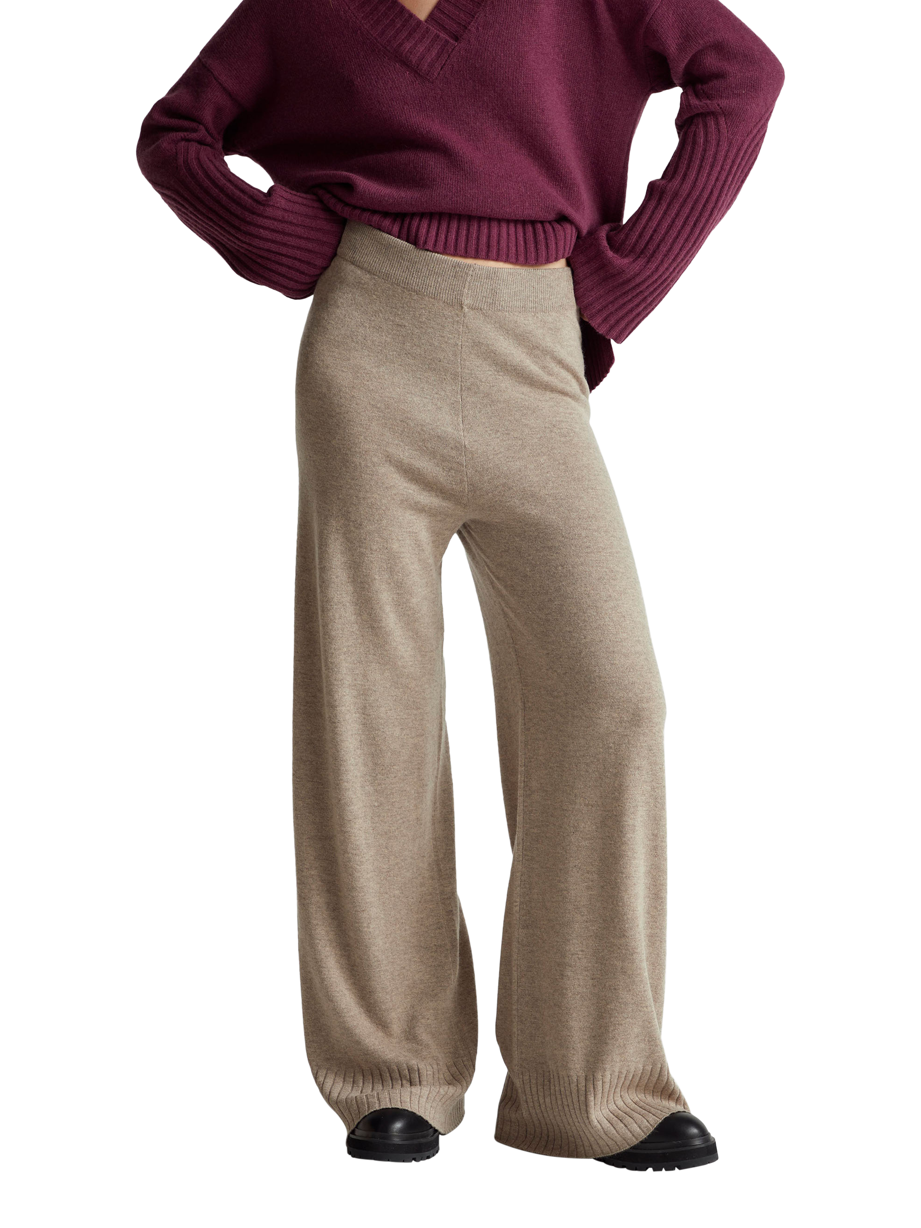 Product image 1 of 5, which shows Benetton Wide Leg Knitted Trousers, Brown, S