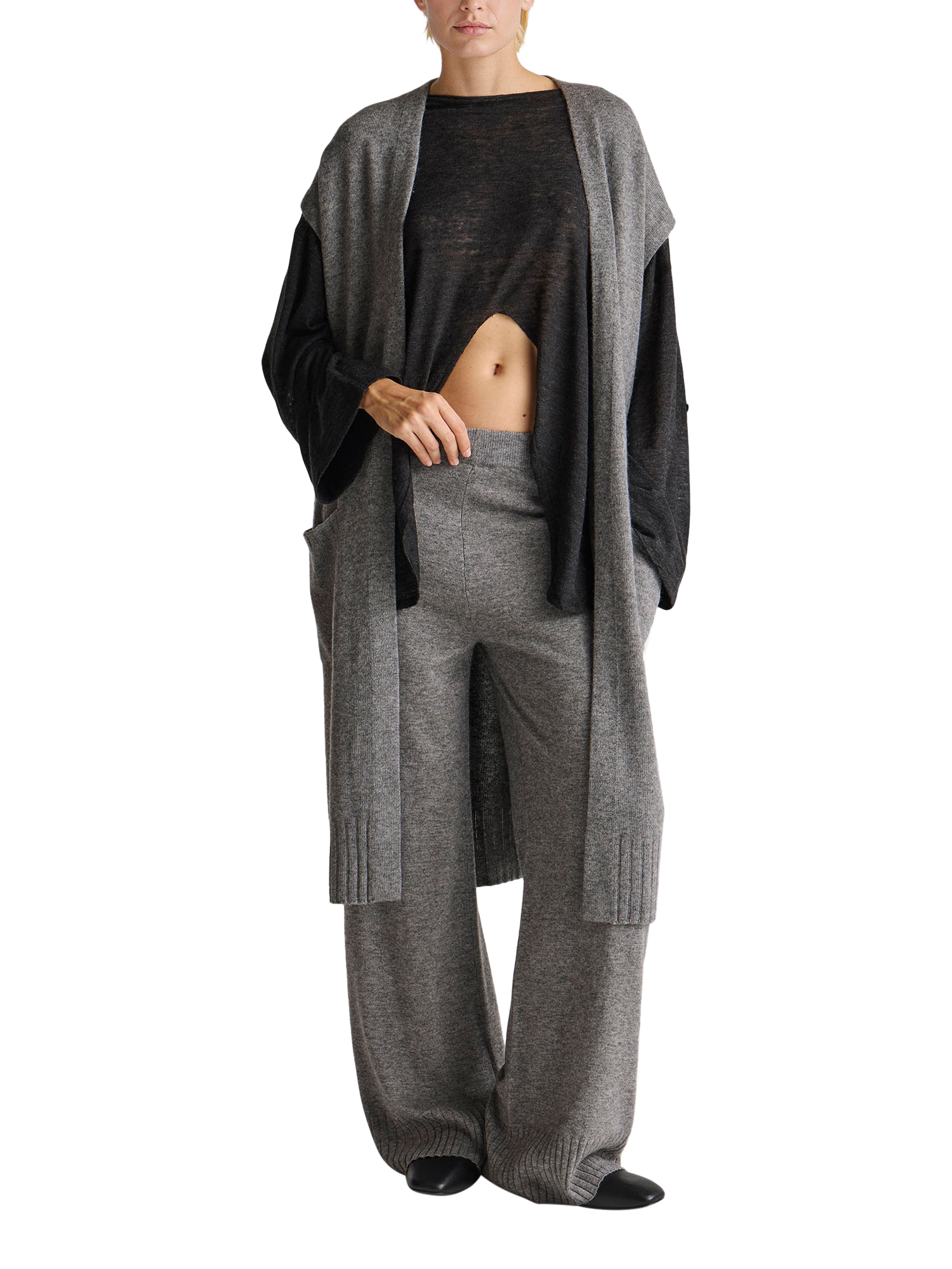 Product image 3 of 5, which shows Benetton Wide Leg Knitted Trousers, Grey, XS