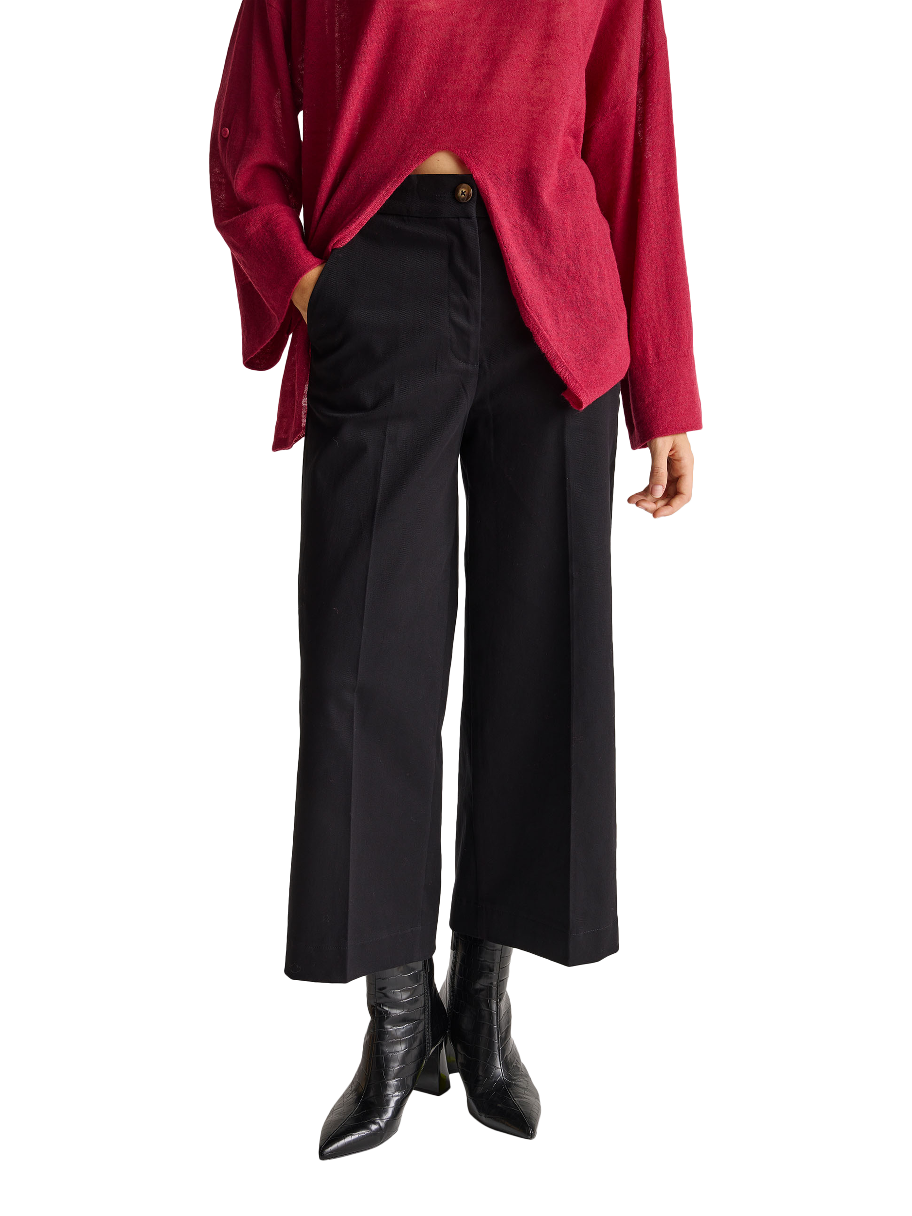 Product image 1 of 5, which shows Benetton Cropped Flared Cotton Trousers, Black, 6