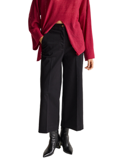 Benetton Cropped Flared Cotton Trousers, Black, Black