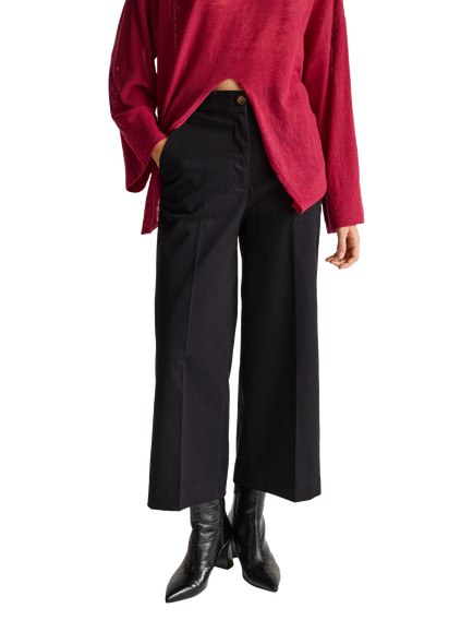 Benetton Cropped Flared Cotton Trousers, Black, Black