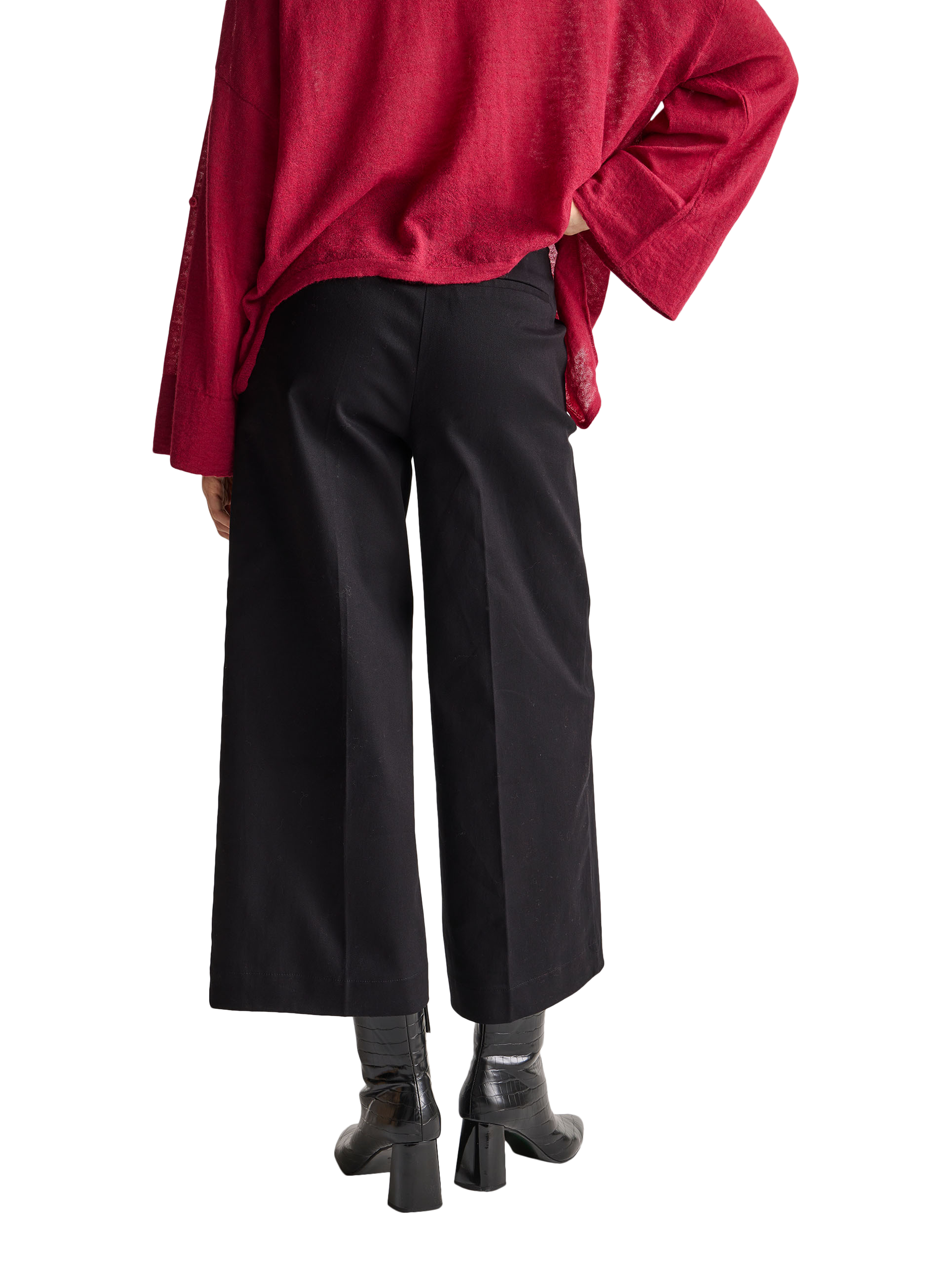 Product image 2 of 5, which shows Benetton Cropped Flared Cotton Trousers, Black, 6