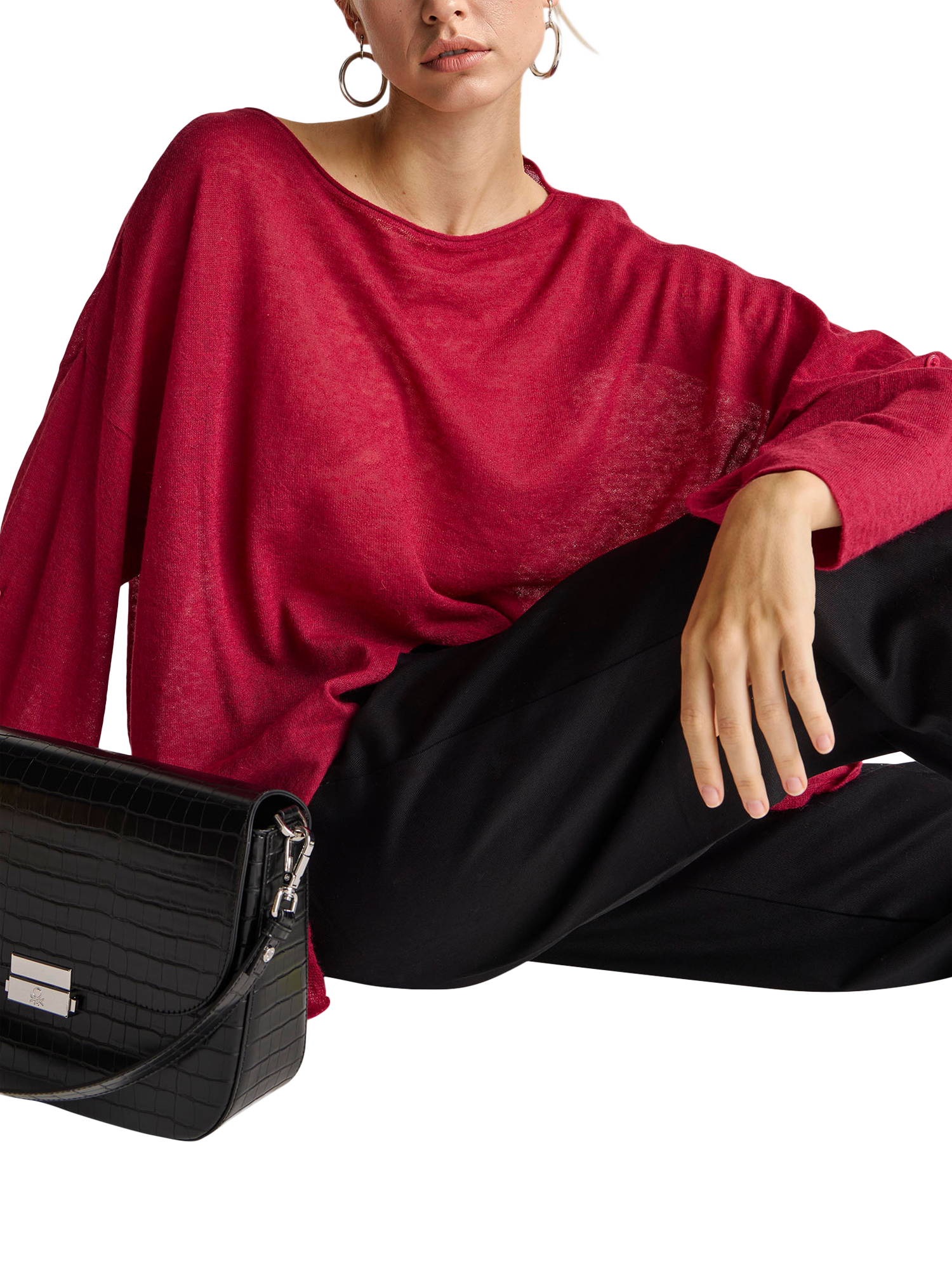 Product image 3 of 5, which shows Benetton Cropped Flared Cotton Trousers, Black, 6