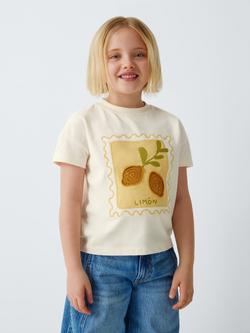 John Lewis Kids' Embroidered Lemon T-Shirt, White, Yellow, White, Yellow