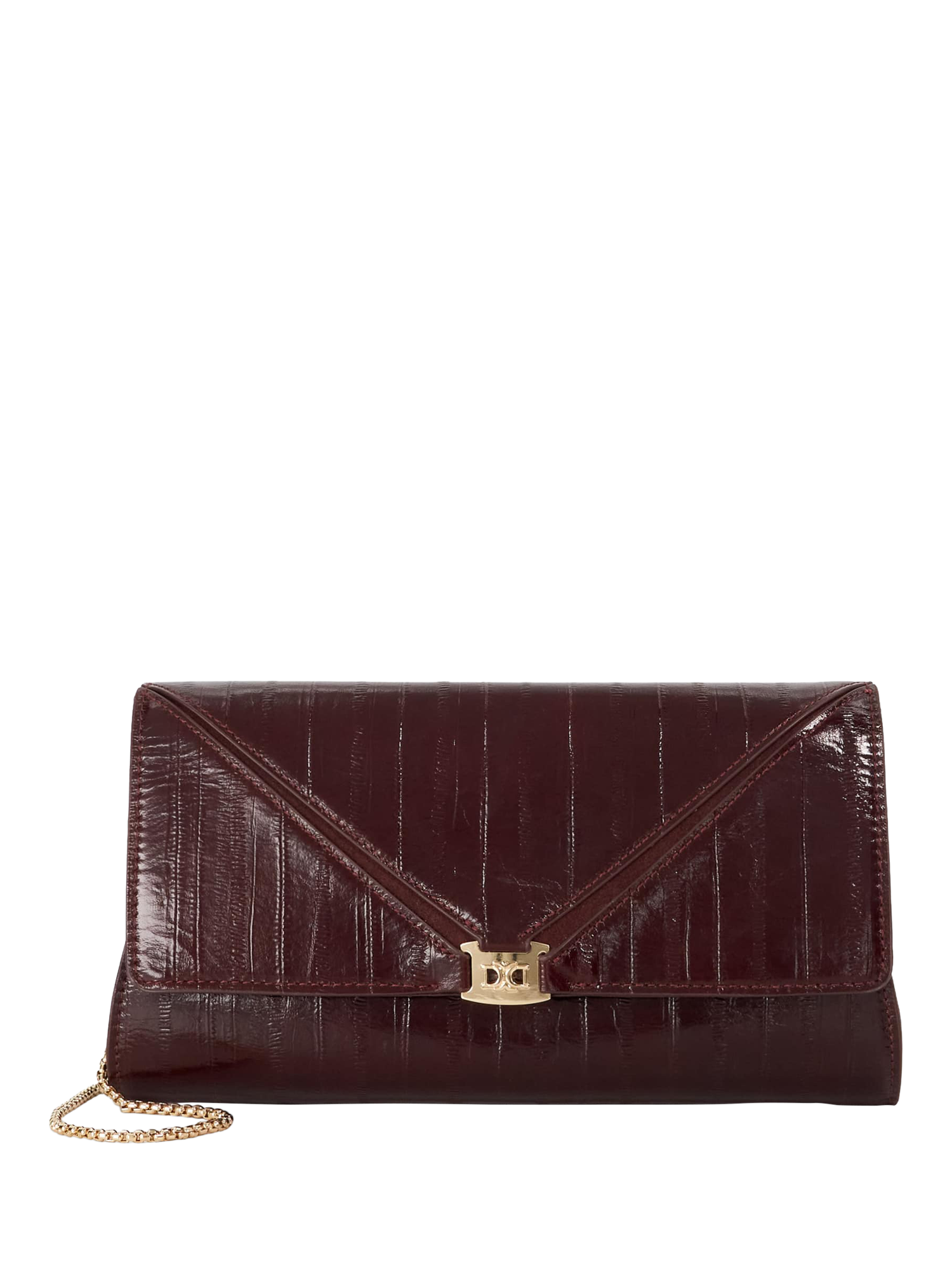 Product image 1 of 5, which shows Dune London Bee Leather Clutch Bag, Burgundy