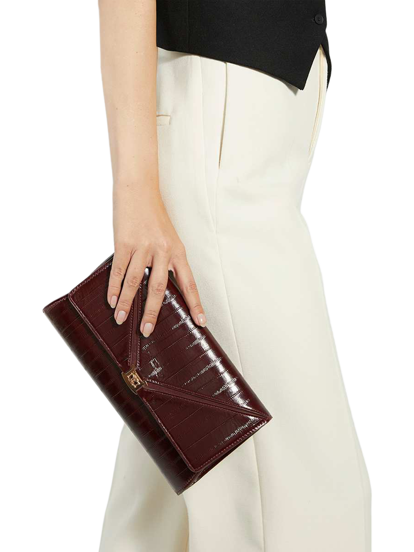 Product image 2 of 5, which shows Dune London Bee Leather Clutch Bag, Burgundy