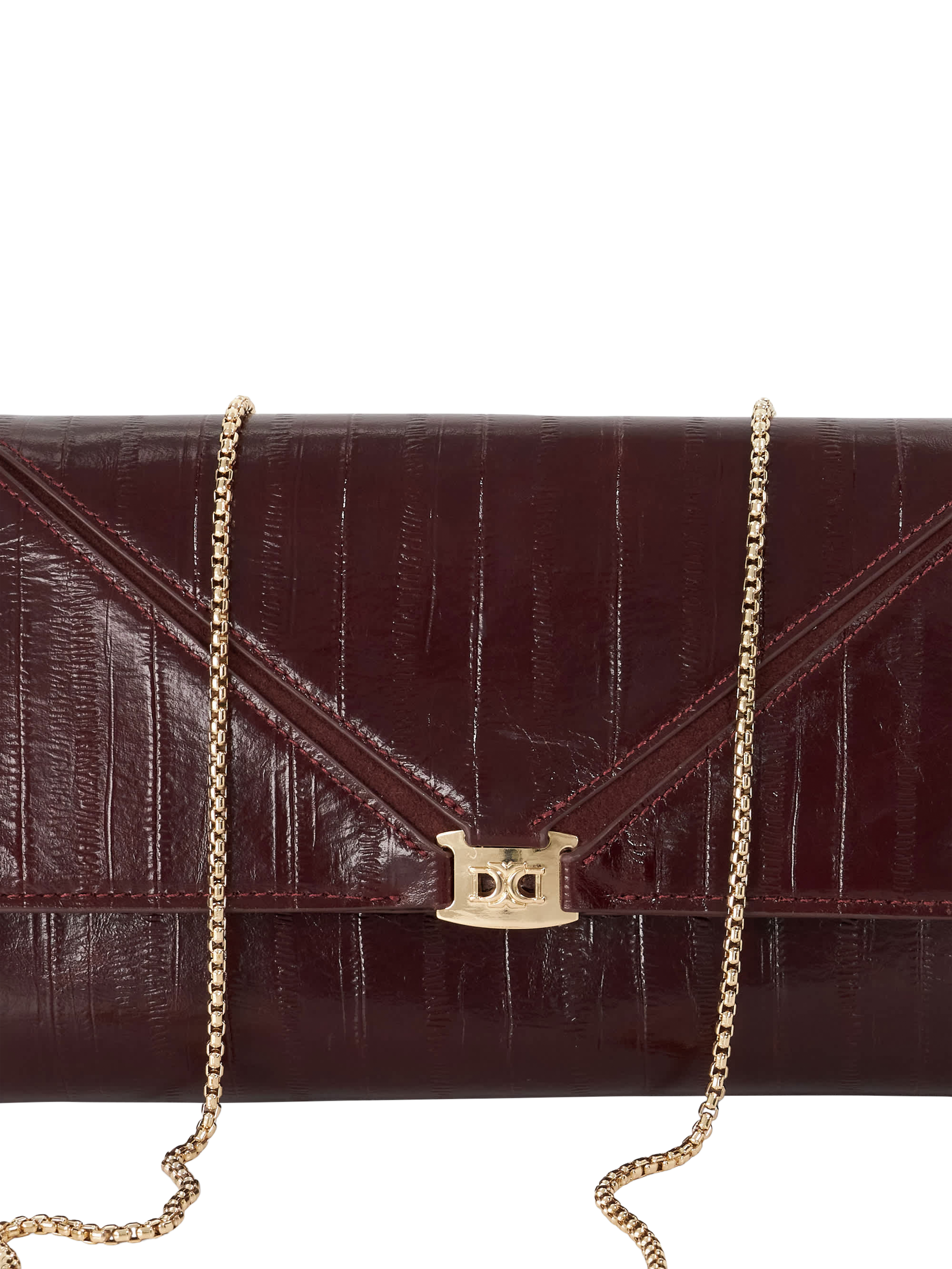 Product image 5 of 5, which shows Dune London Bee Leather Clutch Bag, Burgundy