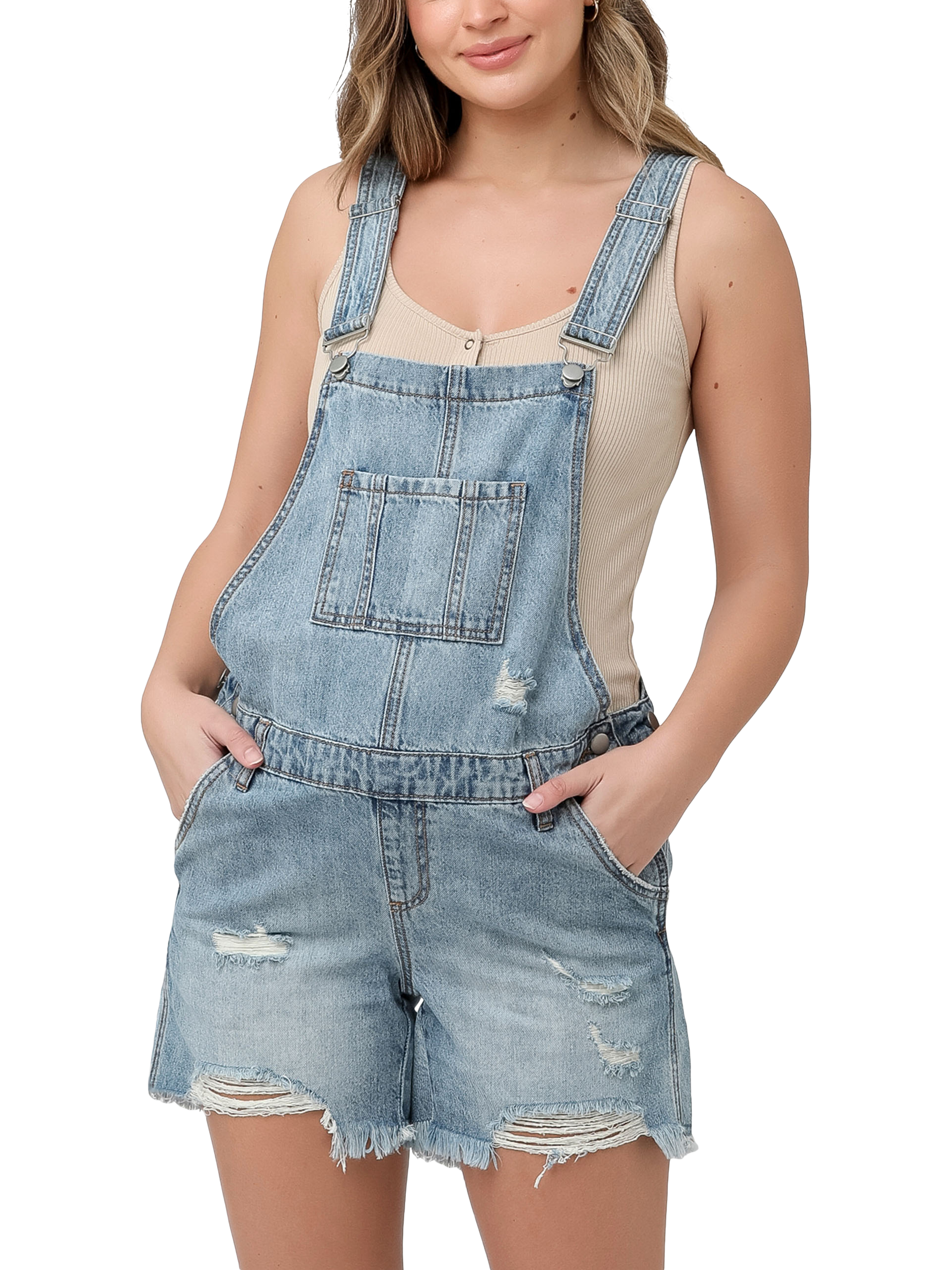 Product image 1 of 5, which shows Ripe Denim Short Maternity Dungarees, Pale Blue, XS