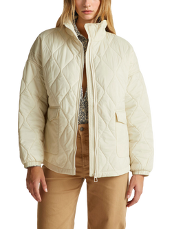 Benetton High Neck Diamond Quilted Zip Front Jacket, Cream, Cream