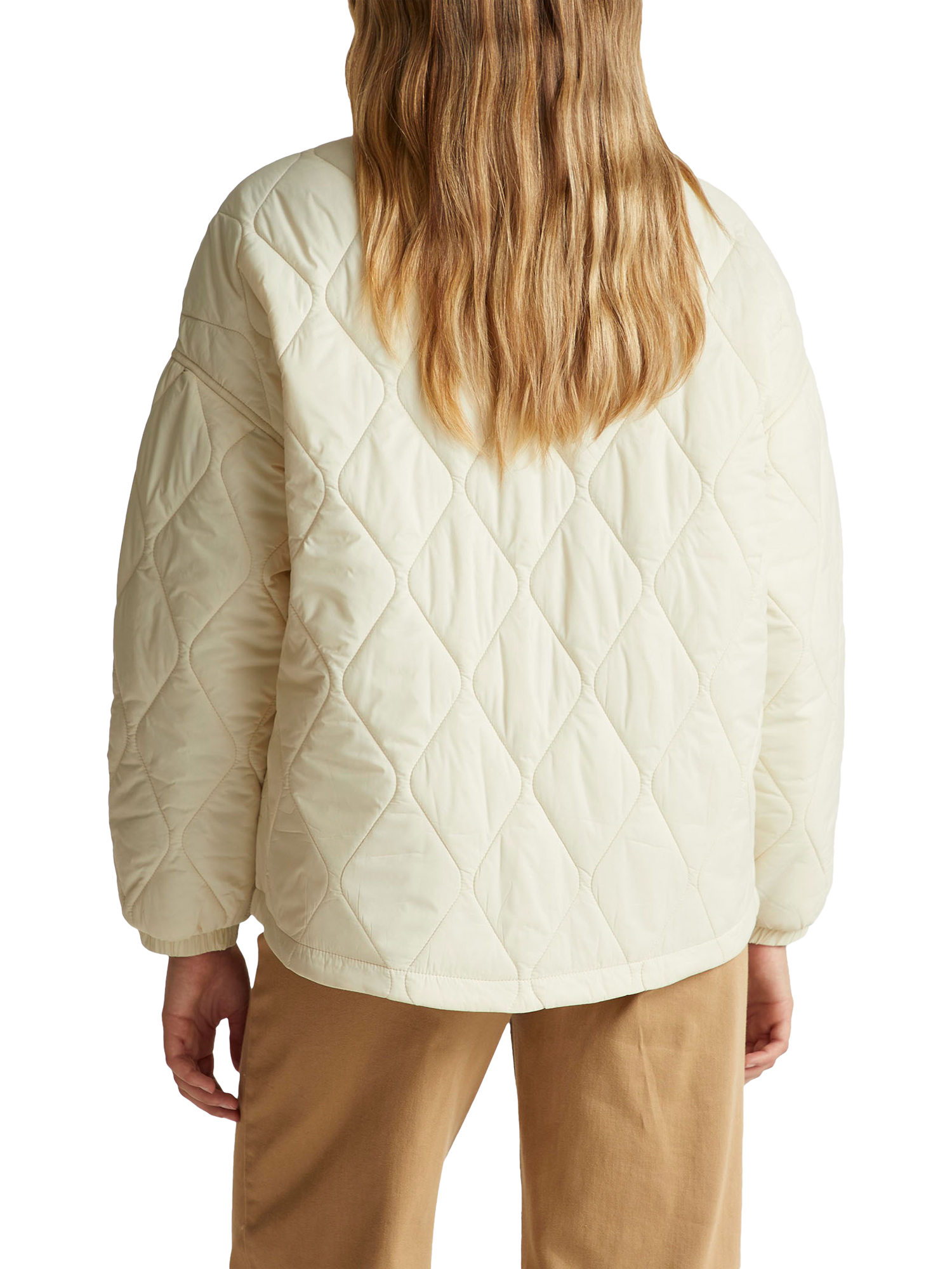 Product image 2 of 5, which shows Benetton High Neck Diamond Quilted Zip Front Jacket, Cream, XS