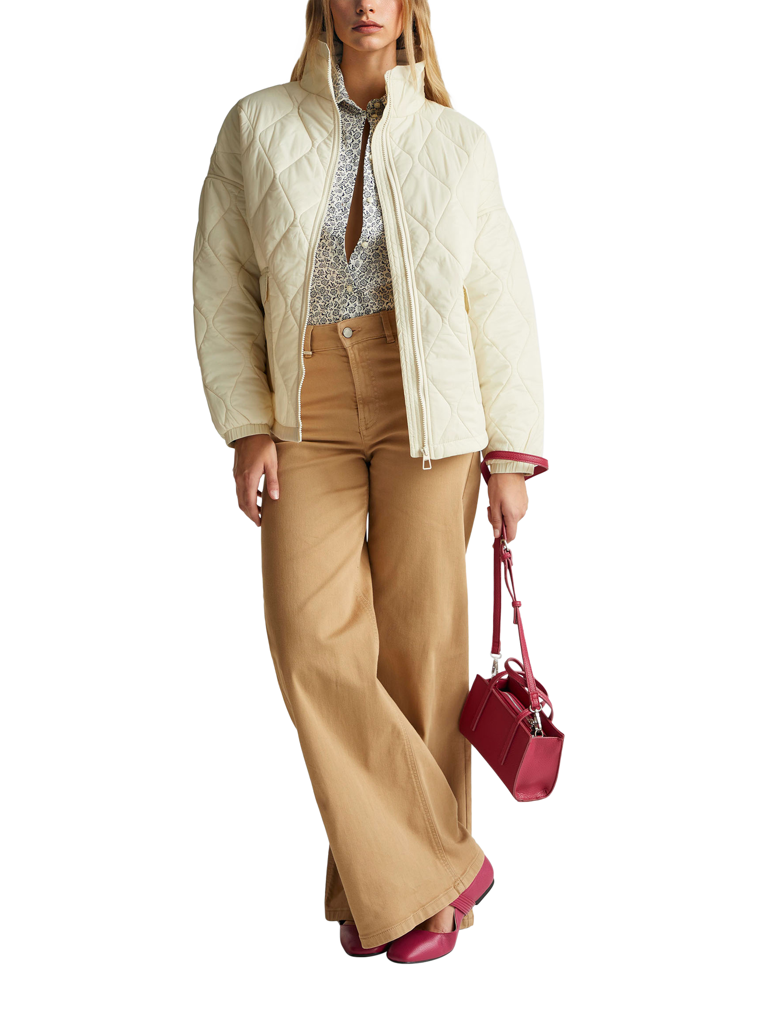 Product image 3 of 5, which shows Benetton High Neck Diamond Quilted Zip Front Jacket, Cream, XS