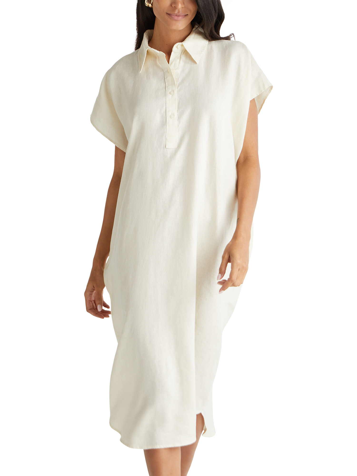 Product image 1 of 3, which shows Benetton Relaxed Fit Linen Midi Dress, Beige, S