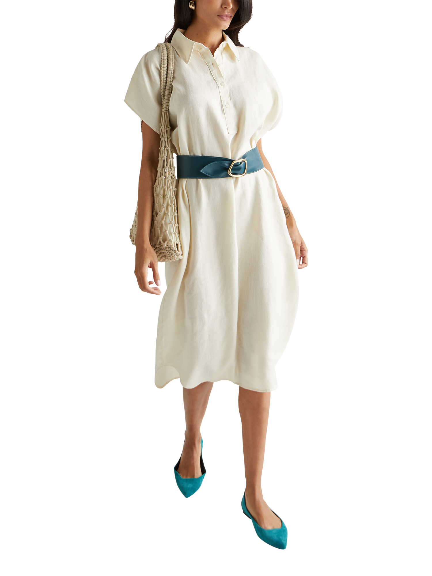 Product image 3 of 3, which shows Benetton Relaxed Fit Linen Midi Dress, Beige, S