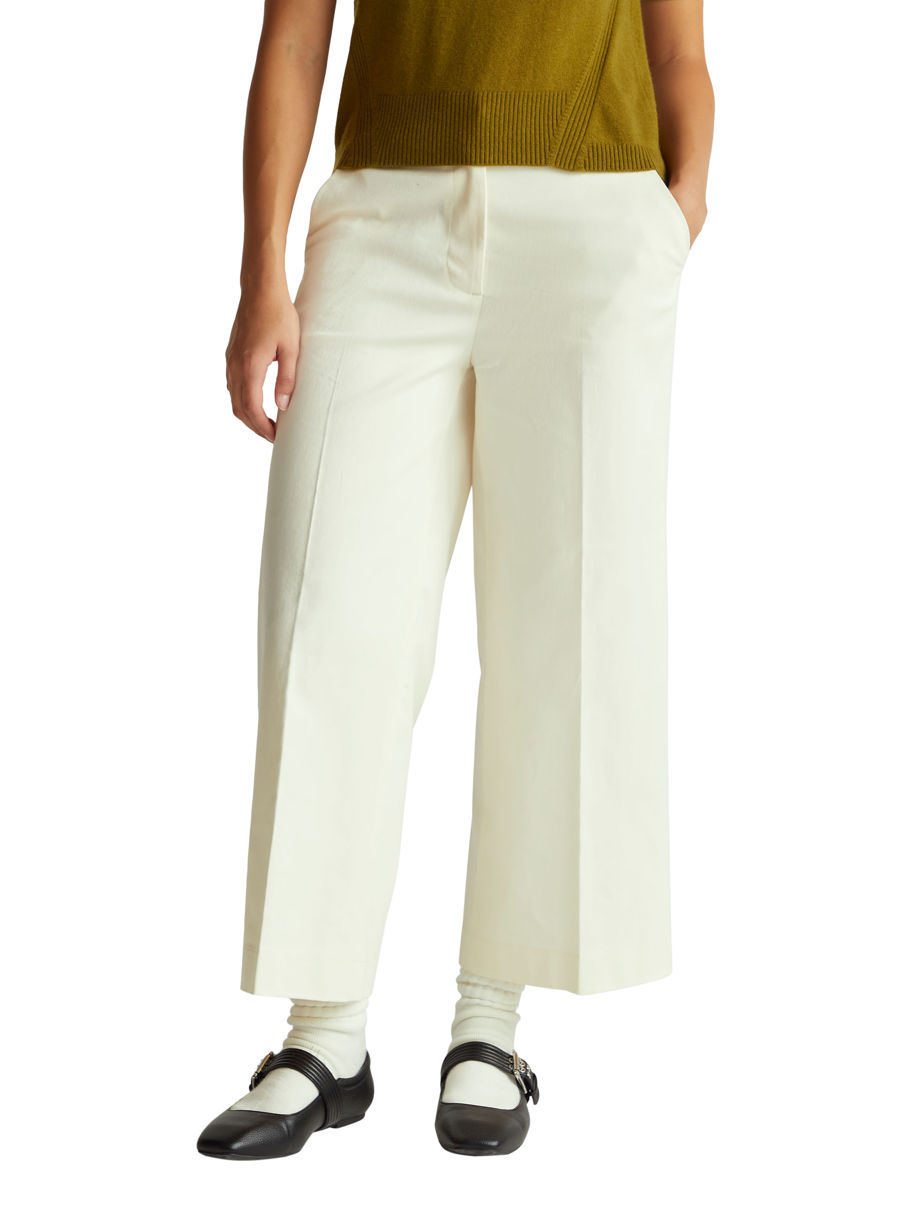 Product image 1 of 5, which shows Benetton Cotton Blend Tailored Flared Trousers, White, 6