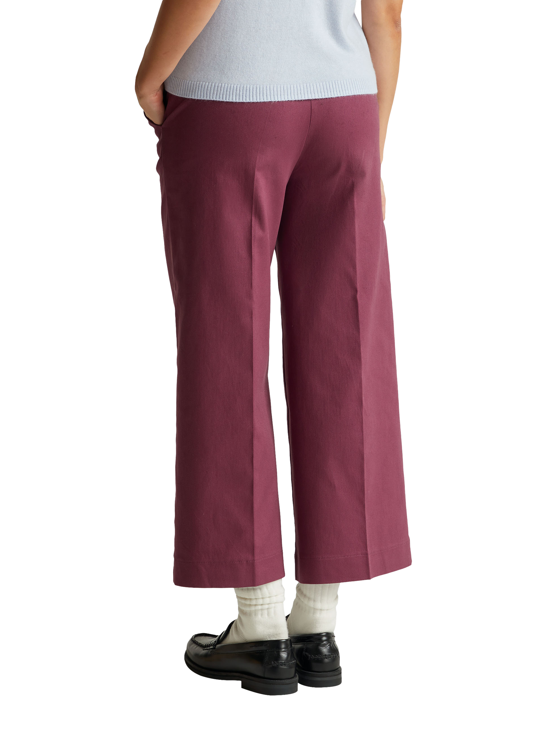 Product image 2 of 5, which shows Benetton Cropped Flared Cotton Blend Trousers, Violet, 6