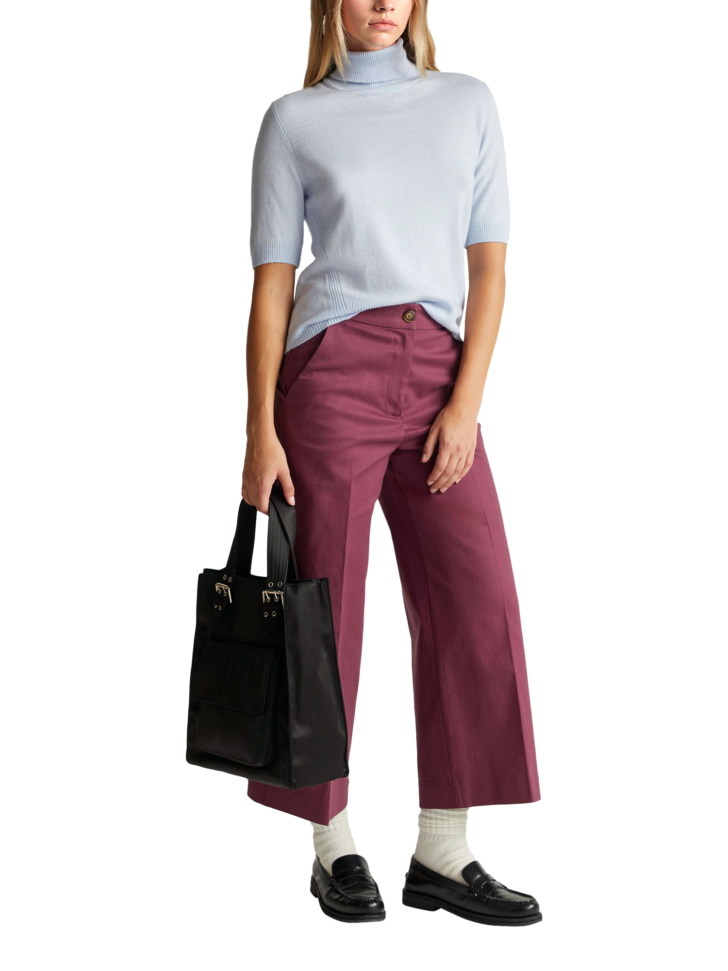 Product image 3 of 5, which shows Benetton Cropped Flared Cotton Blend Trousers, Violet, 6