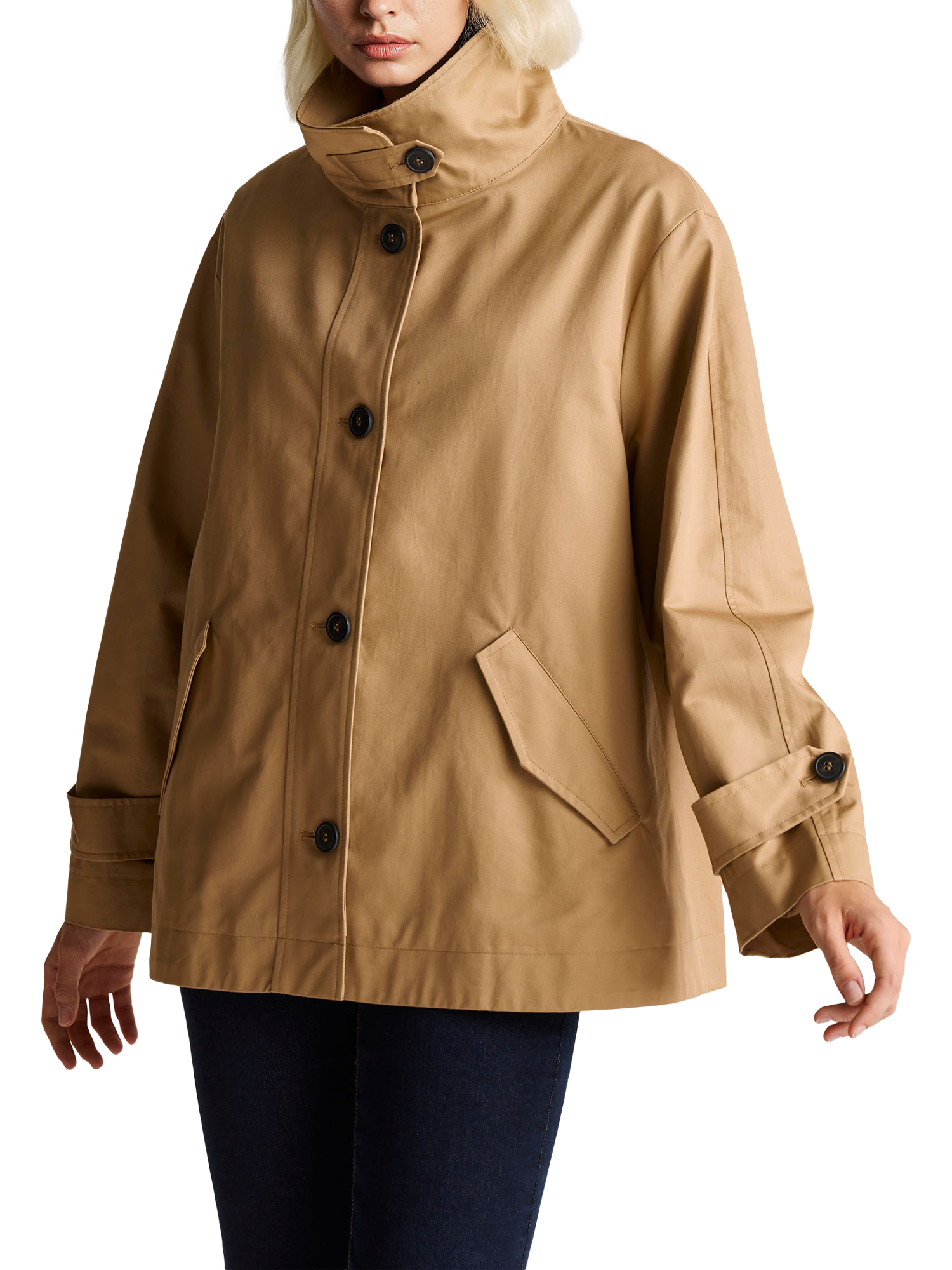 Product image 1 of 5, which shows Benetton High Neck Cotton Twill Jacket, Beige, S
