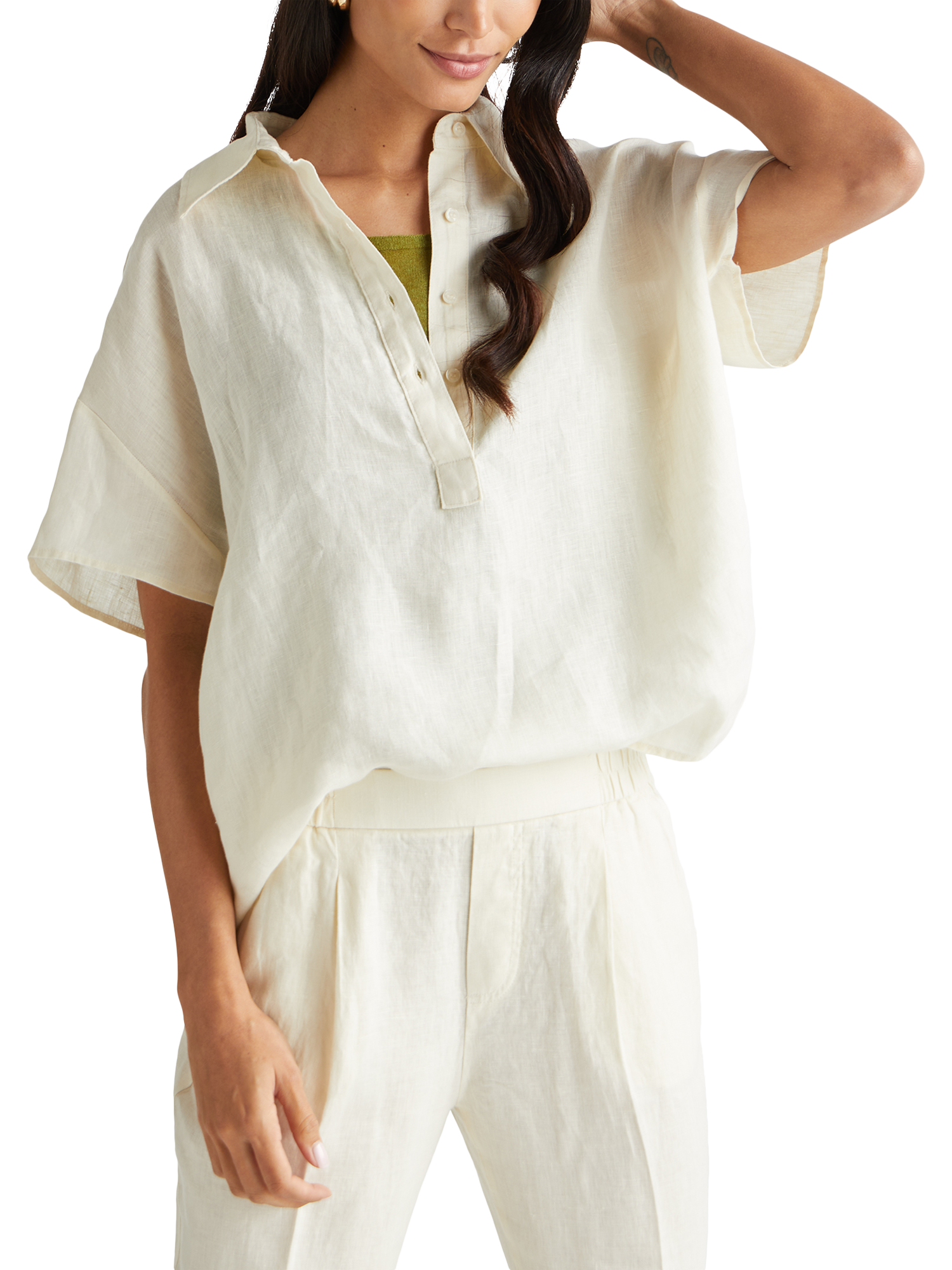 Product image 1 of 3, which shows Benetton Short Sleeve Linen Blouse, Beige, L