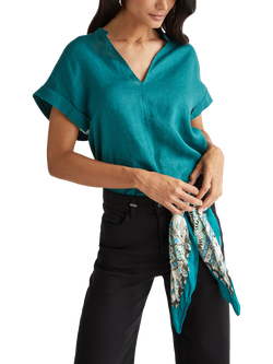 Benetton V-Neck Linen Blouse, Green, Green