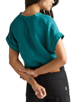 Benetton V-Neck Linen Blouse, Green - view 2, Green