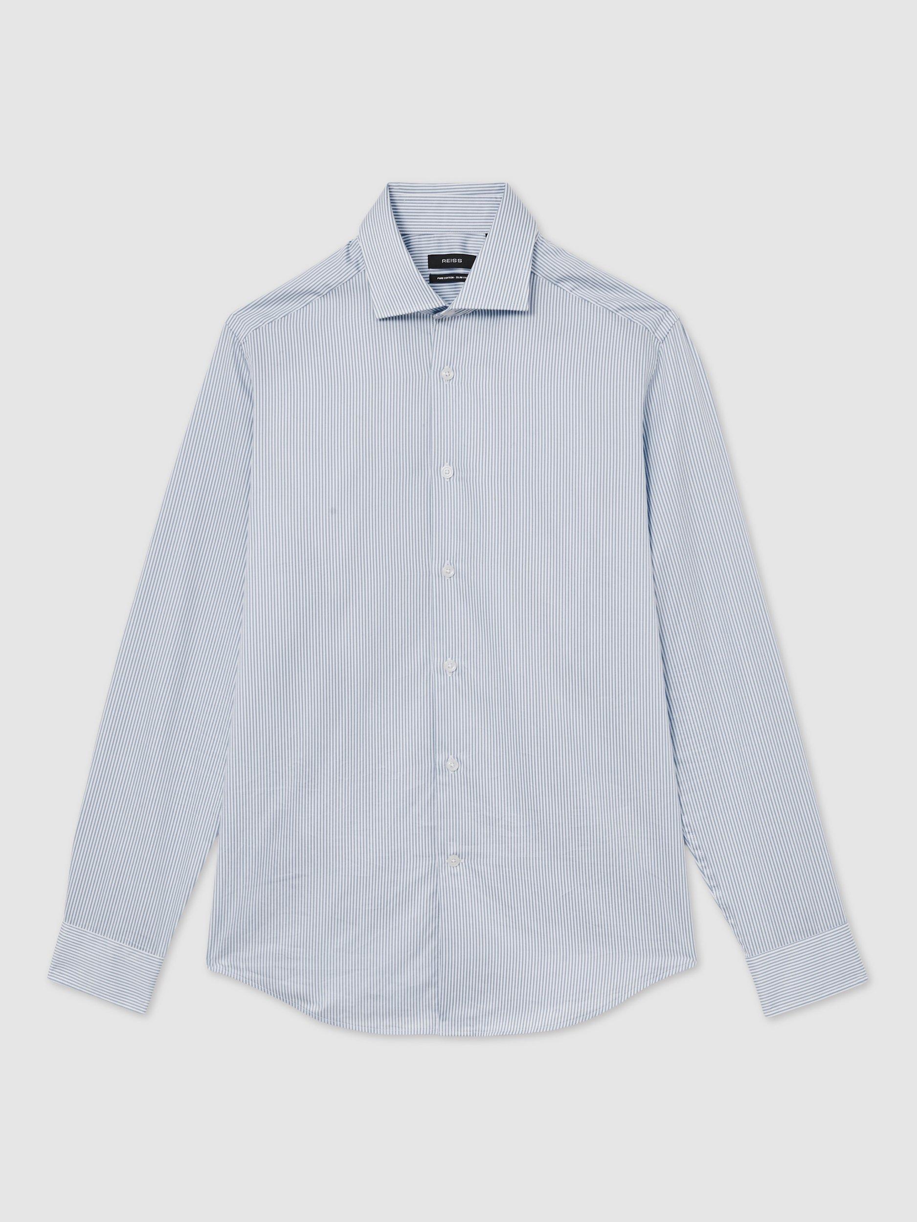 Product image 3 of 5, which shows Reiss Remote Cotton Stripe Long Sleeve Collar Shirt, Blue/White, XS