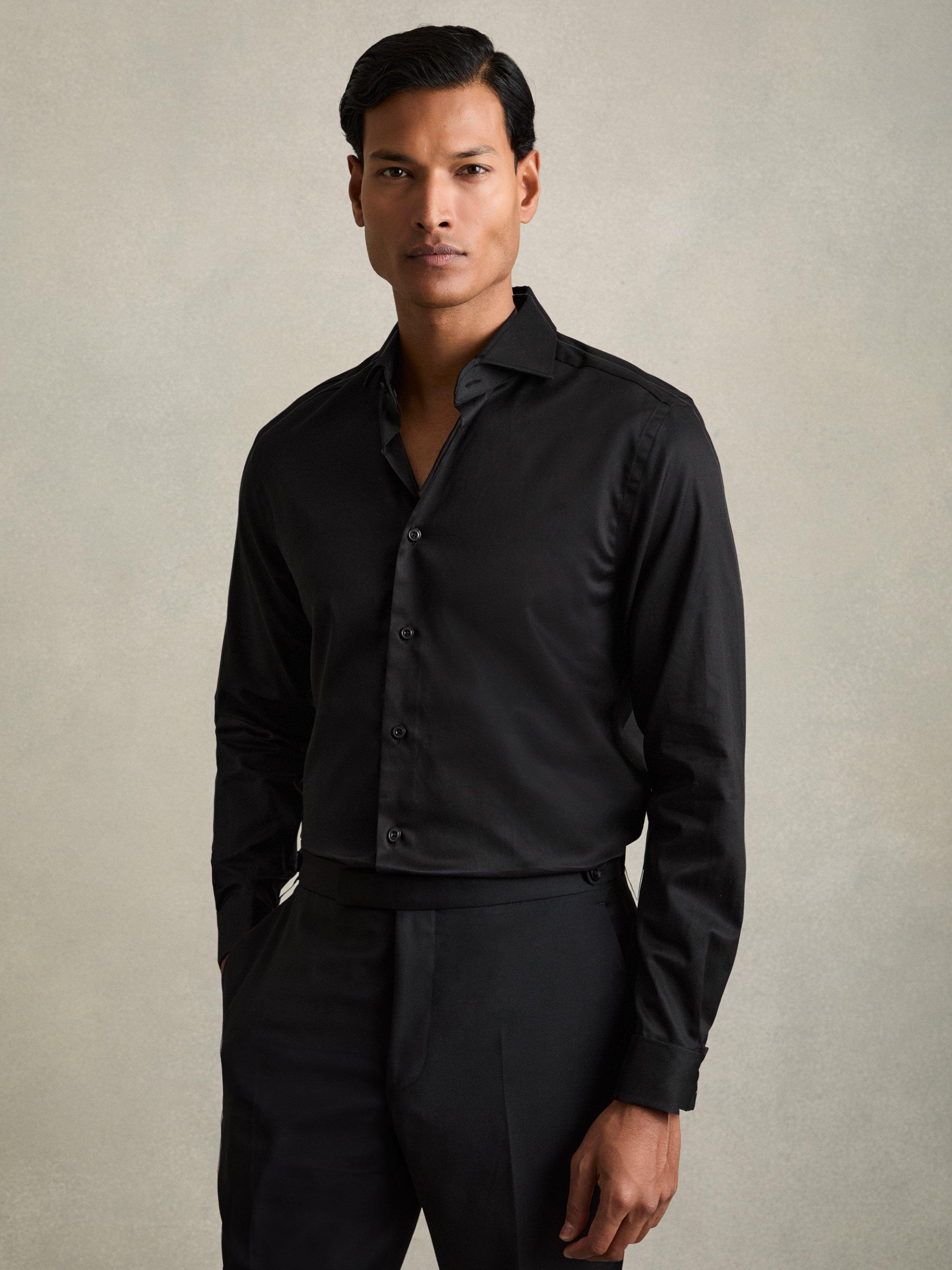 Product image 1 of 5, which shows Reiss Storm Cotton Long Sleeve Collar Shirt, Black, XS