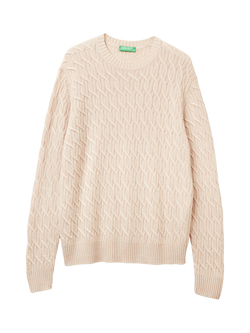 Benetton Wool Blend with Cashmere Cable Knit Jumper, Beige, Beige