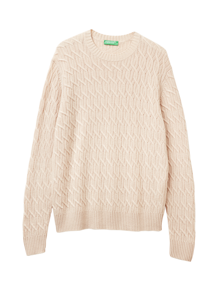 Benetton Wool Blend Cable Knit Jumper, Beige, Beige