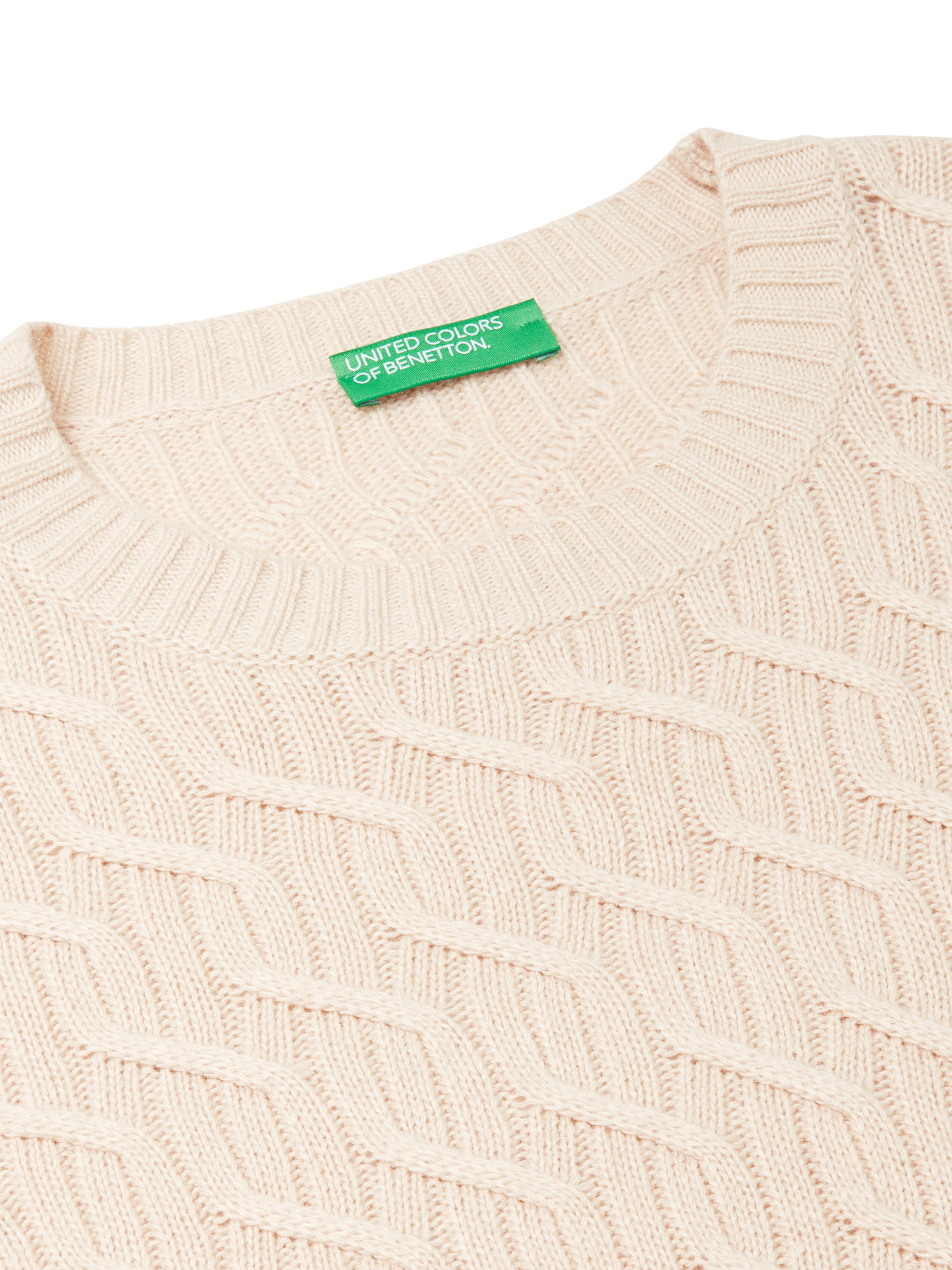 Product image 3 of 3, which shows Benetton Wool Blend with Cashmere Cable Knit Jumper, Beige, S