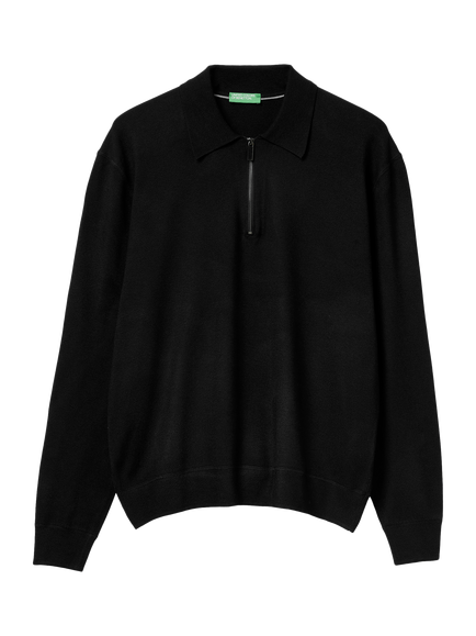 Benetton Long Sleeve Polo Shirt, Black