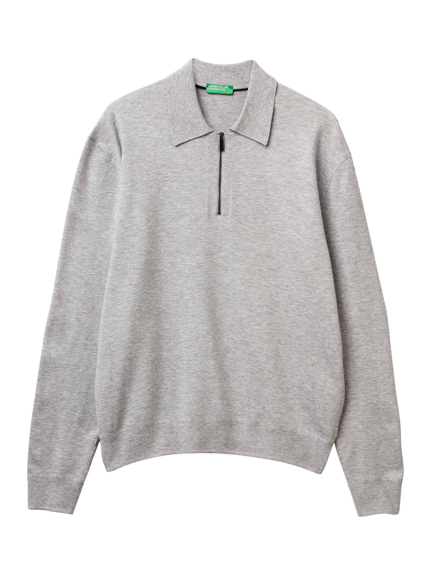 Product image 1 of 3, which shows Benetton Zip-Neck Knitted Polo Top, Grey, S