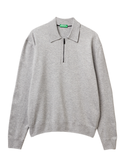 Benetton Zip-Neck Knitted Polo Top, Grey