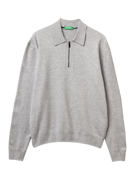 Benetton Zip-Neck Knitted Polo Top, Grey