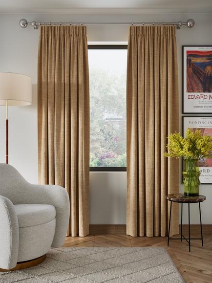 John Lewis Textured Weave Pair Blackout Lined Pencil Pleat Curtains, Caramel