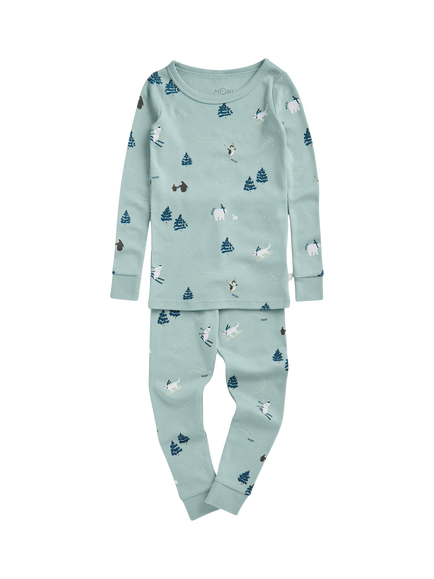 MORI Kids' Bamboo and Cotton Long Sleeved Ski Print Pyjamas, Blue, Blue