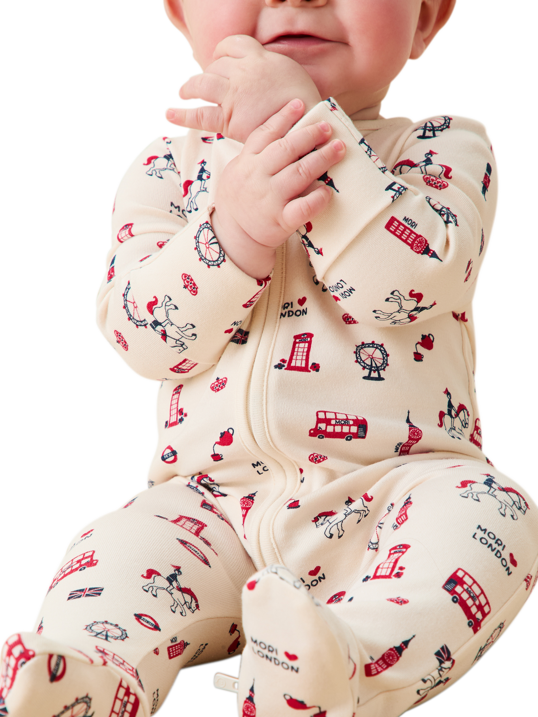Product image 2 of 5, which shows MORI Baby London Zip Sleepsuit, White/Multi, 0-3 months