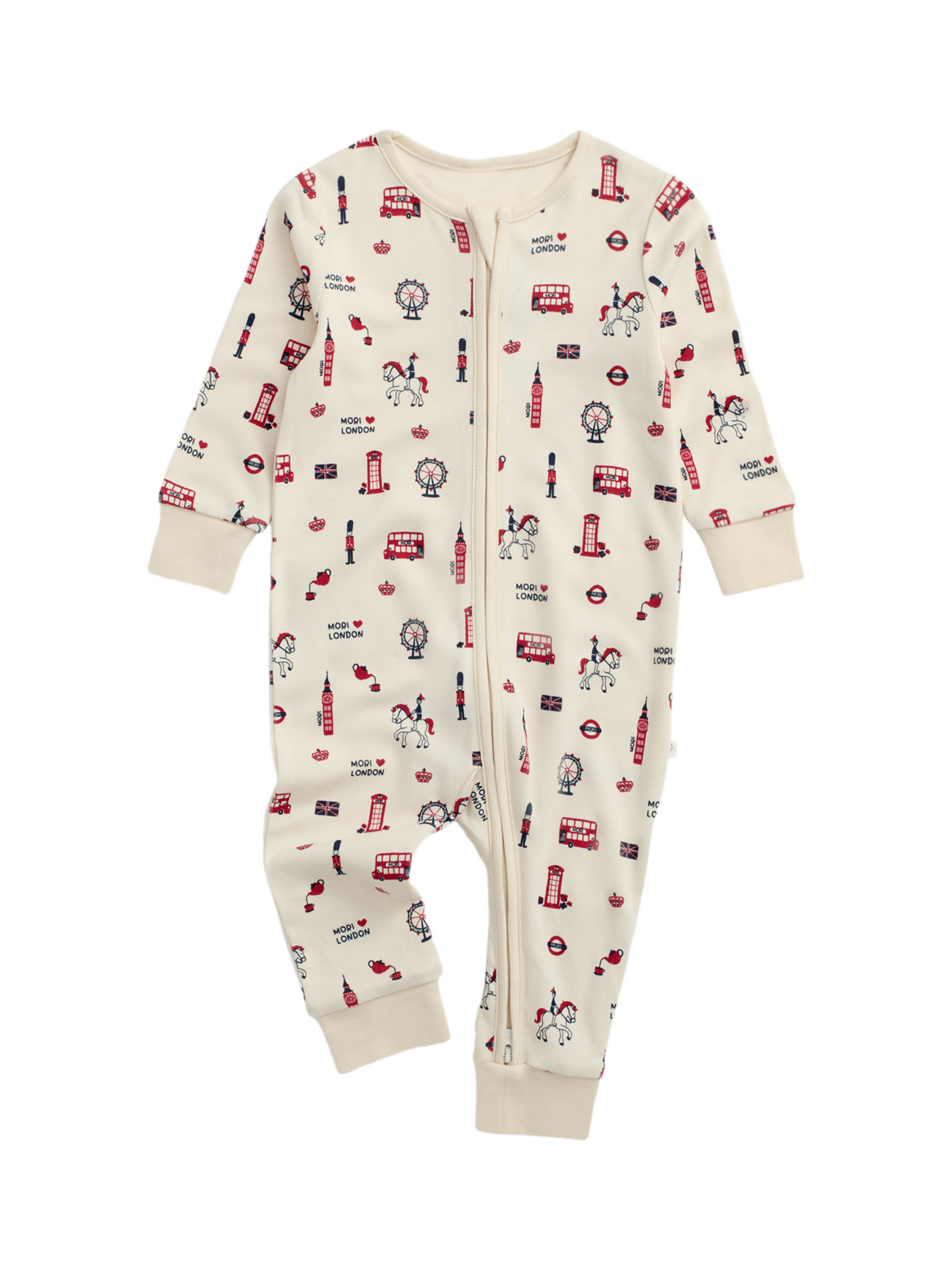 Product image 4 of 5, which shows MORI Baby London Zip Sleepsuit, White/Multi, 0-3 months