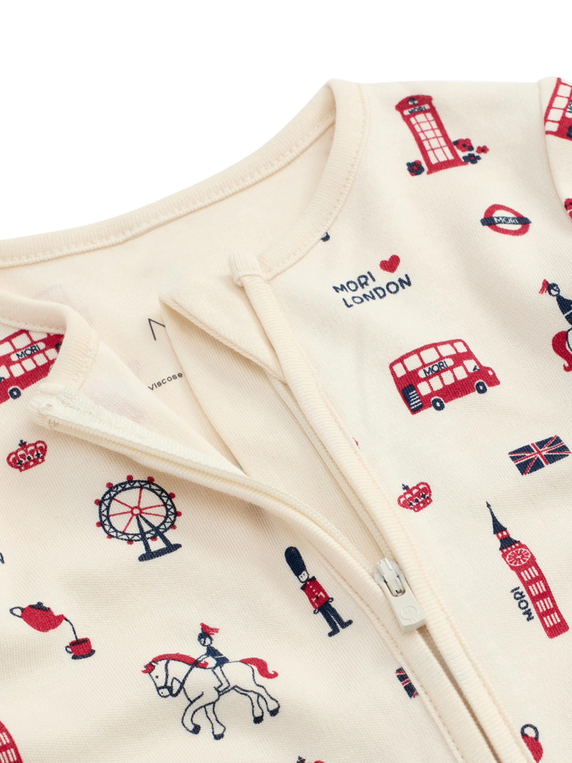 Product image 5 of 5, which shows MORI Baby London Zip Sleepsuit, White/Multi, 0-3 months