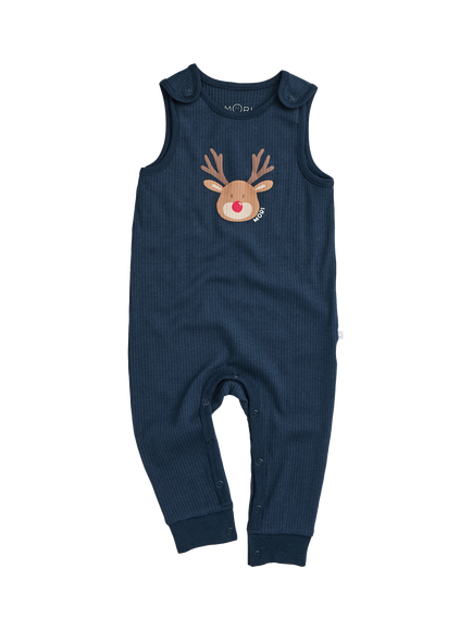 MORI Baby Reindeer Ribbed Dungarees, Navy/Multi, Navy/Multi