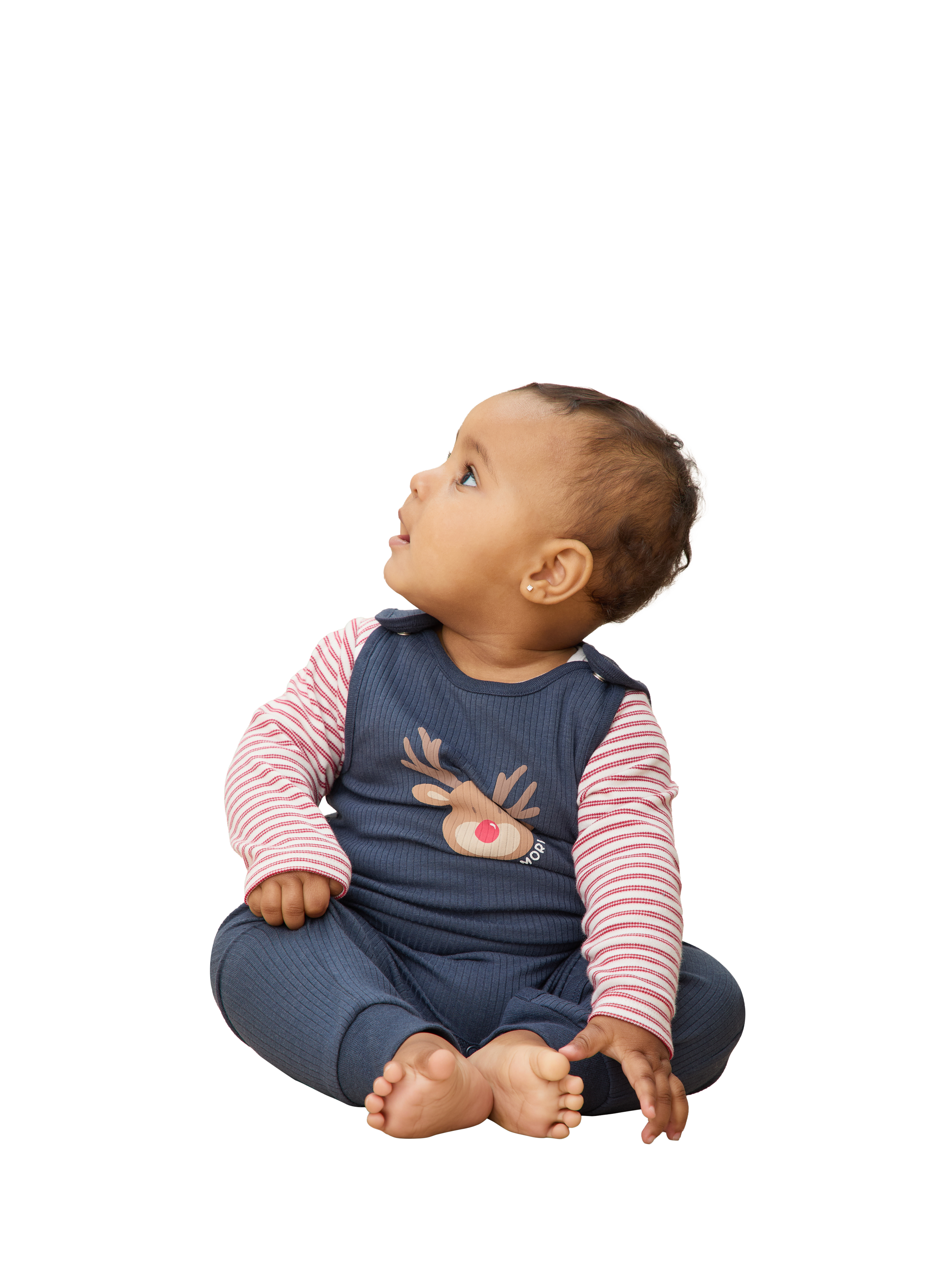 Product image 2 of 3, which shows MORI Baby Reindeer Ribbed Dungarees, Navy/Multi, 6-9 months