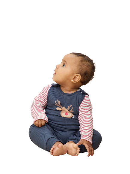 MORI Baby Reindeer Ribbed Dungarees, Navy/Multi - view 2, Navy/Multi
