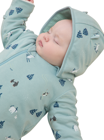 MORI Baby Bamboo and Cotton Ski Print Pramsuit, Blue - view 2, Blue