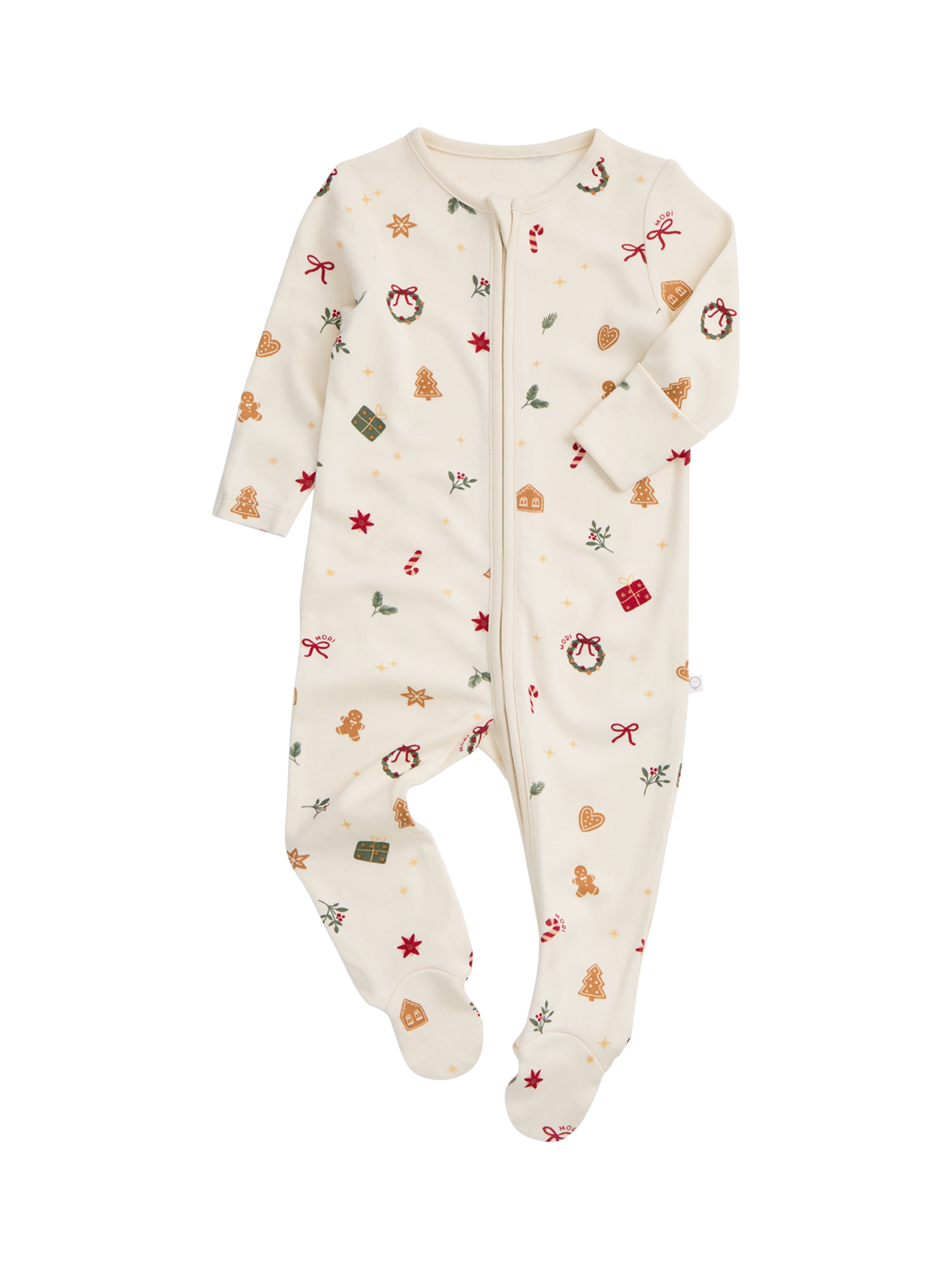 Product image 1 of 5, which shows MORI Baby Christmas Zip Sleepsuit, White/Multi, 9-12 months