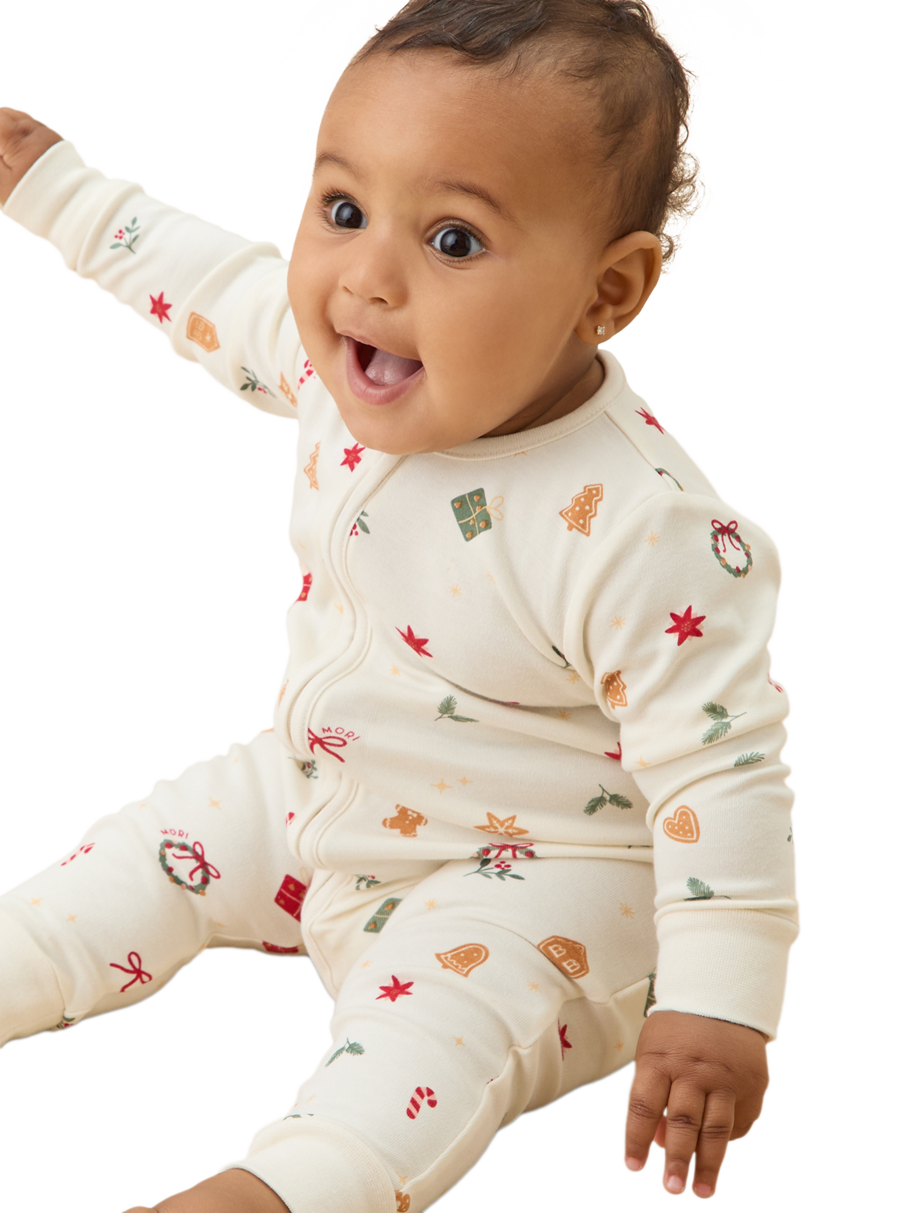 Product image 3 of 5, which shows MORI Baby Christmas Zip Sleepsuit, White/Multi, 9-12 months