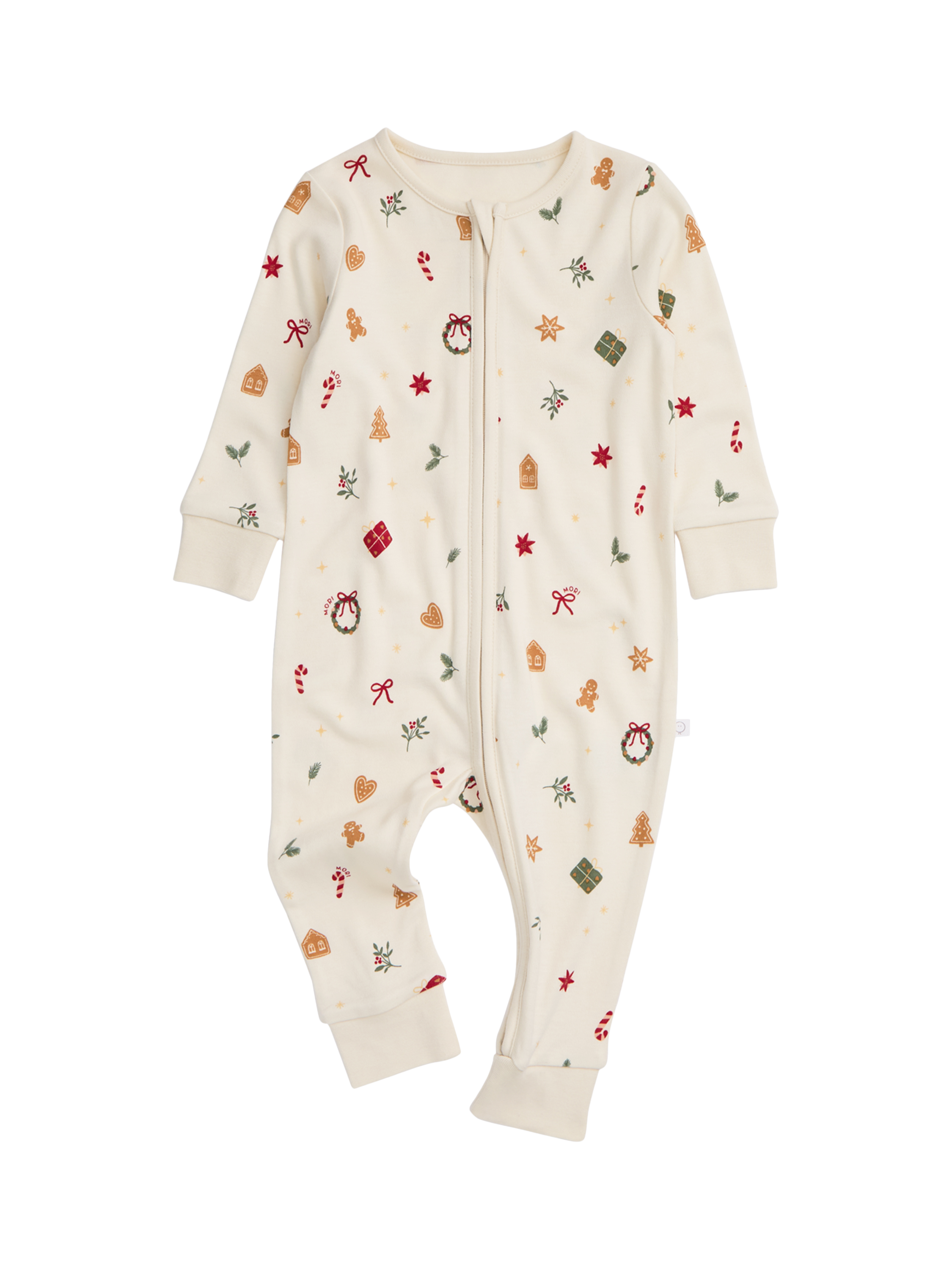 Product image 5 of 5, which shows MORI Baby Christmas Zip Sleepsuit, White/Multi, 9-12 months