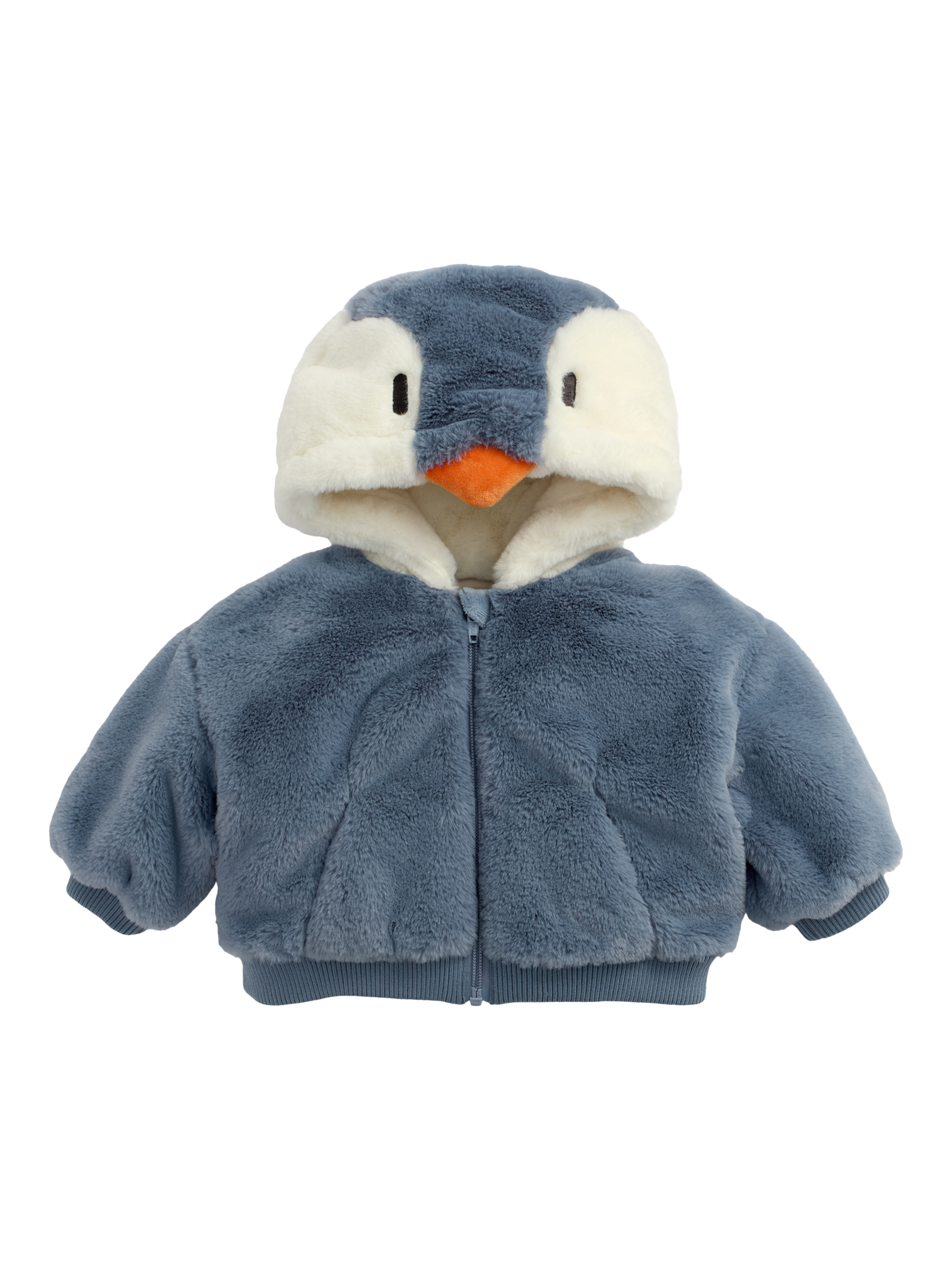 Product image 1 of 4, which shows MORI Baby Penguin Fur Jacket, Blue, 18-24 months